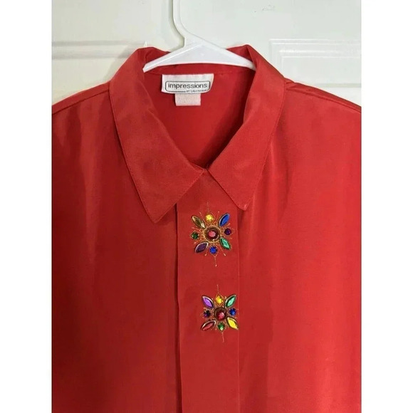 IMPRESSIONS OF CALIFORNIA Vintage Peasant Sleeve Blouse Red Satin Bling Sz 10 - Picture 3 of 9
